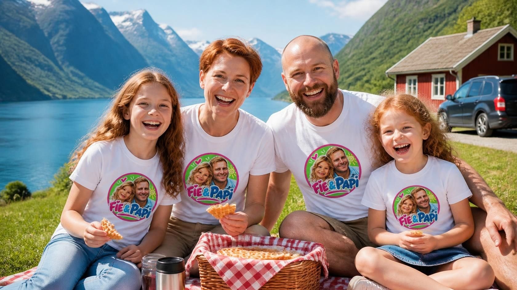 En familie på piknik ved fjorden i like hvite t-skjorter med Fie & Papi-logoen