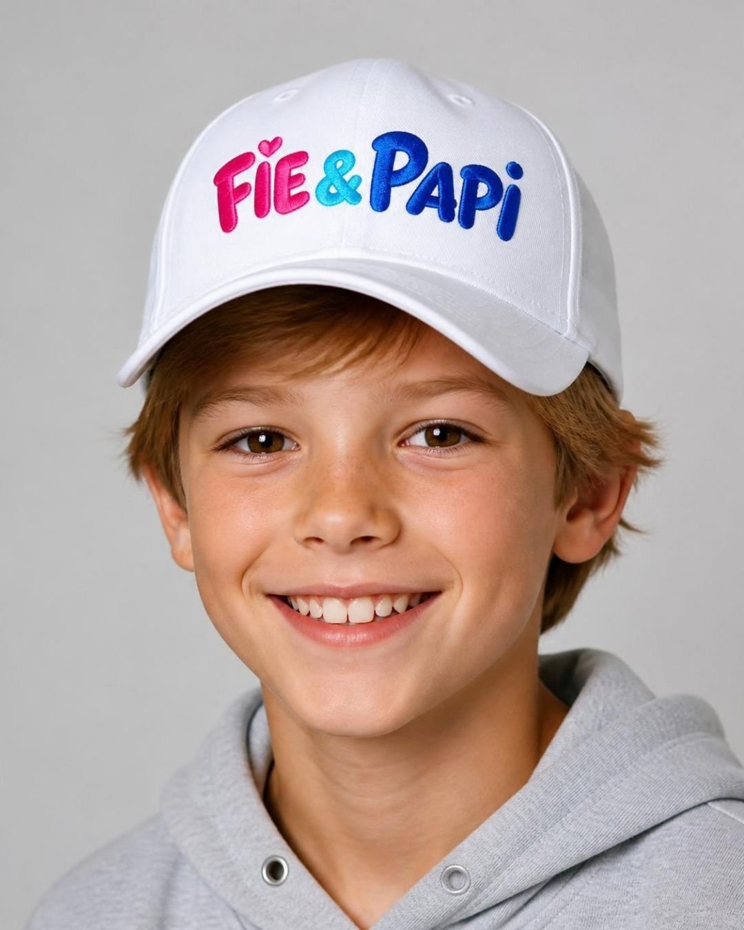 En gutt med hvit caps med Fie & Papi-skriften foran